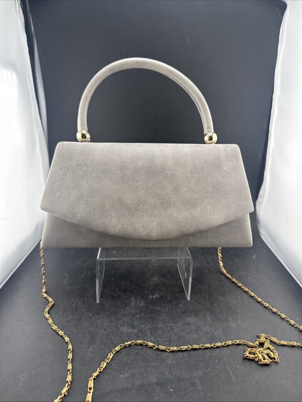 Kendall & James Gray Faux Suede Evening Envelope Clutch Bag Top Handle Gold